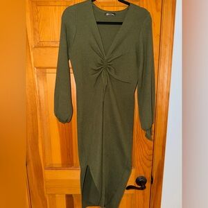 Ribbed Knit Long Sleeve Midi sweater Dress – Ruched Front Tie Green Size L